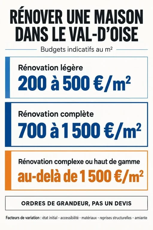 Rénovation maison 95 : budgets indicatifs selon le niveau de travaux