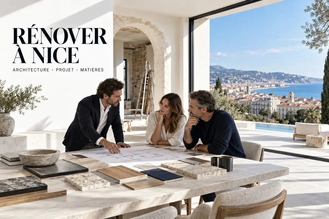 Architecte rénovation maison Nice présentant un projet de villa méditerranéenne à ses clients