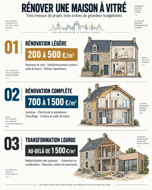 Infographie sur la rénovation maison Vitré avec les niveaux de travaux et budgets indicatifs