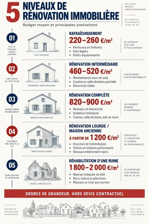Infographie des niveaux de rénovation et des prix pour une rénovation maison Lyon 6