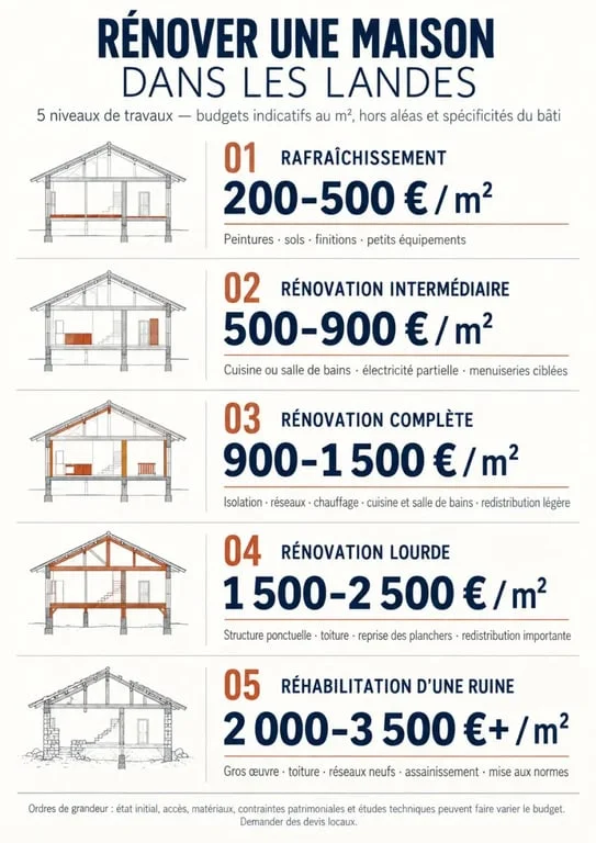Rénovation maison Landes : infographie des niveaux de travaux et prix indicatifs au m²