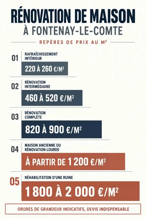 Infographie des prix de rénovation de maison à Fontenay-le-Comte selon le type de travaux