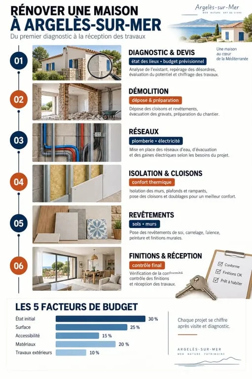 Infographie sur la rénovation de maison à Argelès-sur-Mer, étapes du chantier et facteurs de budget