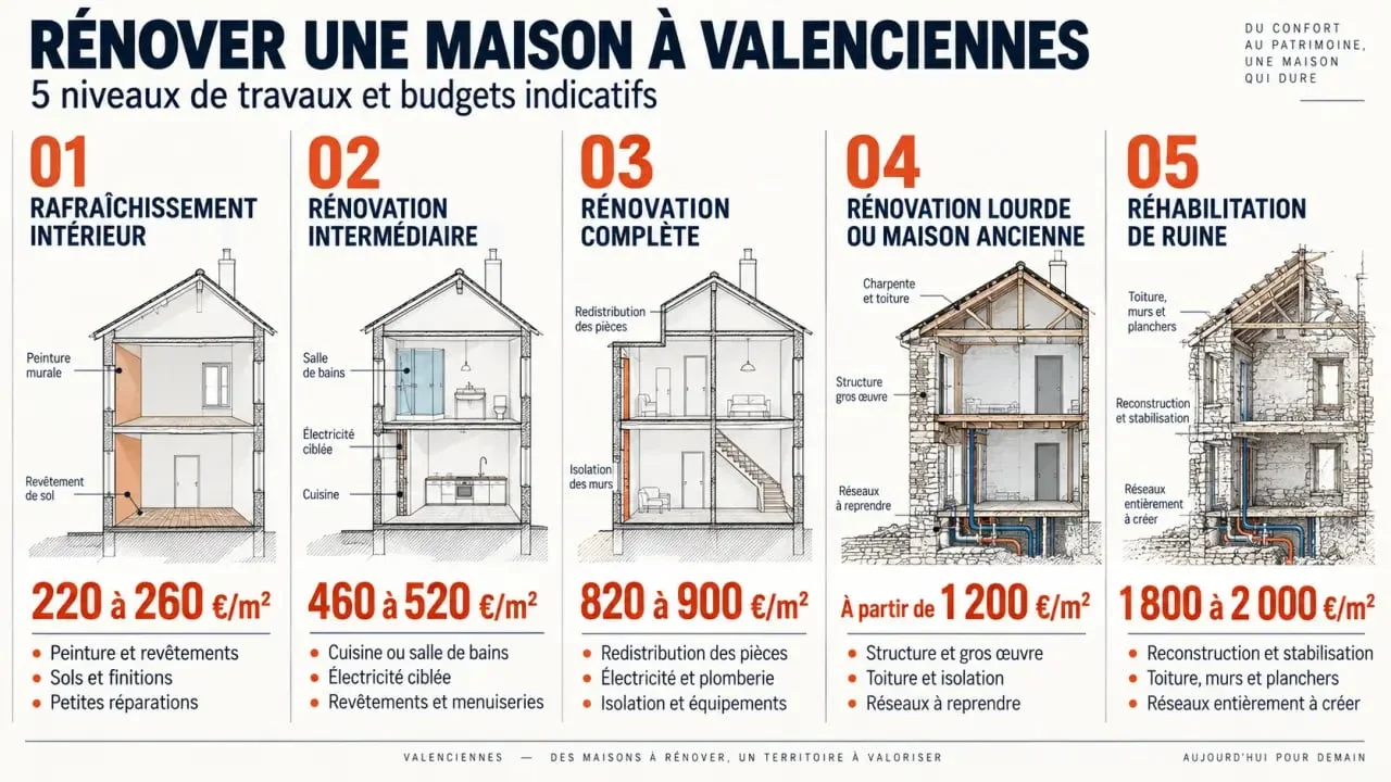 Entreprise rénovation maison Valenciennes : niveaux de travaux et fourchettes de prix au mètre carré
