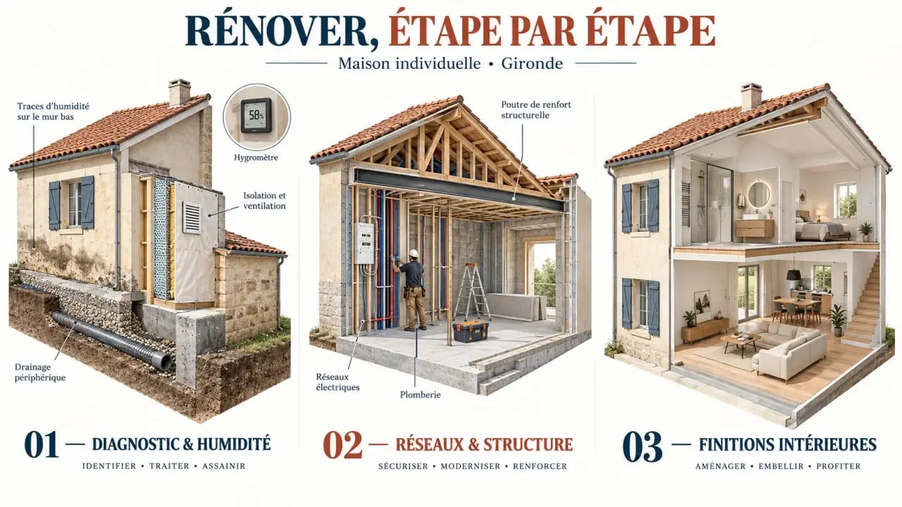 Illustration des étapes d’une rénovation maison Audenge, du diagnostic aux finitions