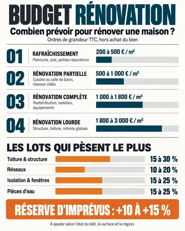 Infographie du budget de rénovation d'une maison par niveau de travaux et prix au m²
