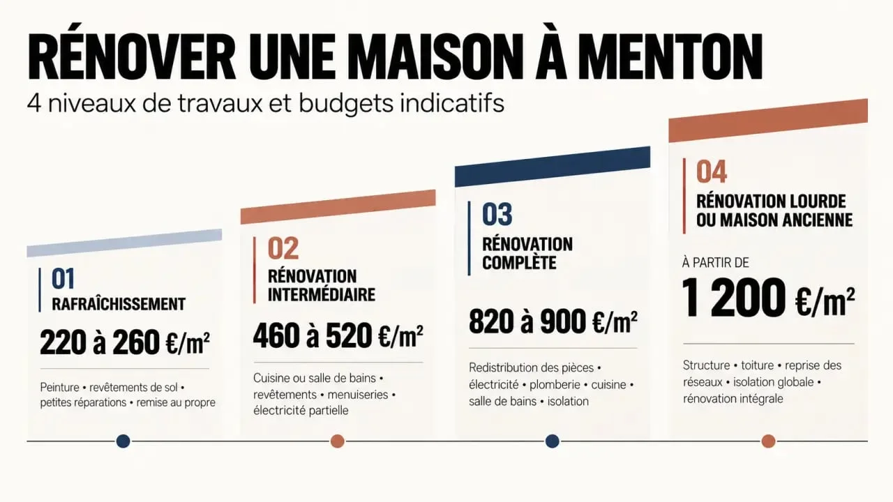 Infographie des prix et niveaux de rénovation maison Menton