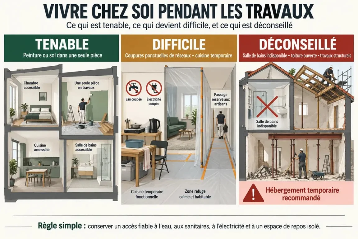 Vivre chez soi pendant les travaux : situations tenables, difficiles ou déconseillées