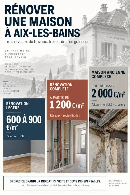 Infographie sur le budget d’une rénovation de maison à Aix-les-Bains selon le niveau de travaux