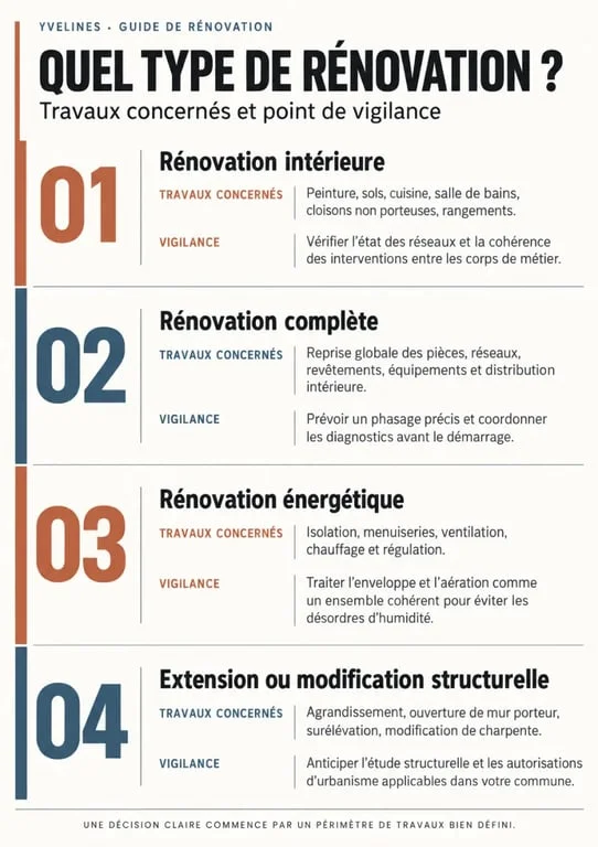 Infographie des types de rénovation maison 78 et de leurs points de vigilance