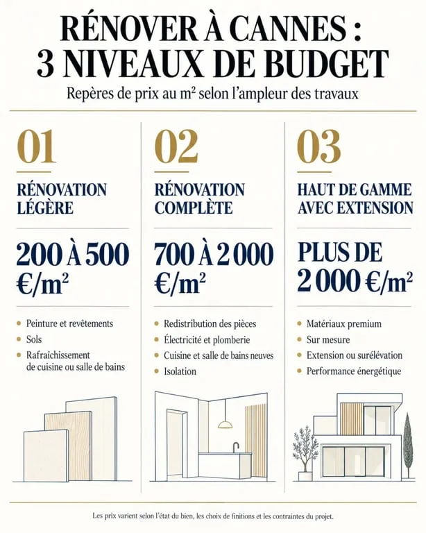 Infographie sur le budget d'une rénovation de maison à Cannes selon le niveau de travaux