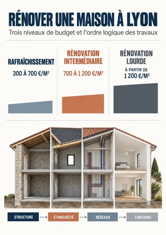 Infographie sur le budget d’une rénovation maison Lyon et l’ordre des travaux