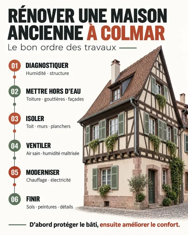 Infographie sur la rénovation maison Colmar et l’ordre des travaux dans une maison ancienne