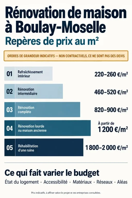 Infographie des prix indicatifs pour une rénovation maison Boulay-Moselle selon le niveau de travaux
